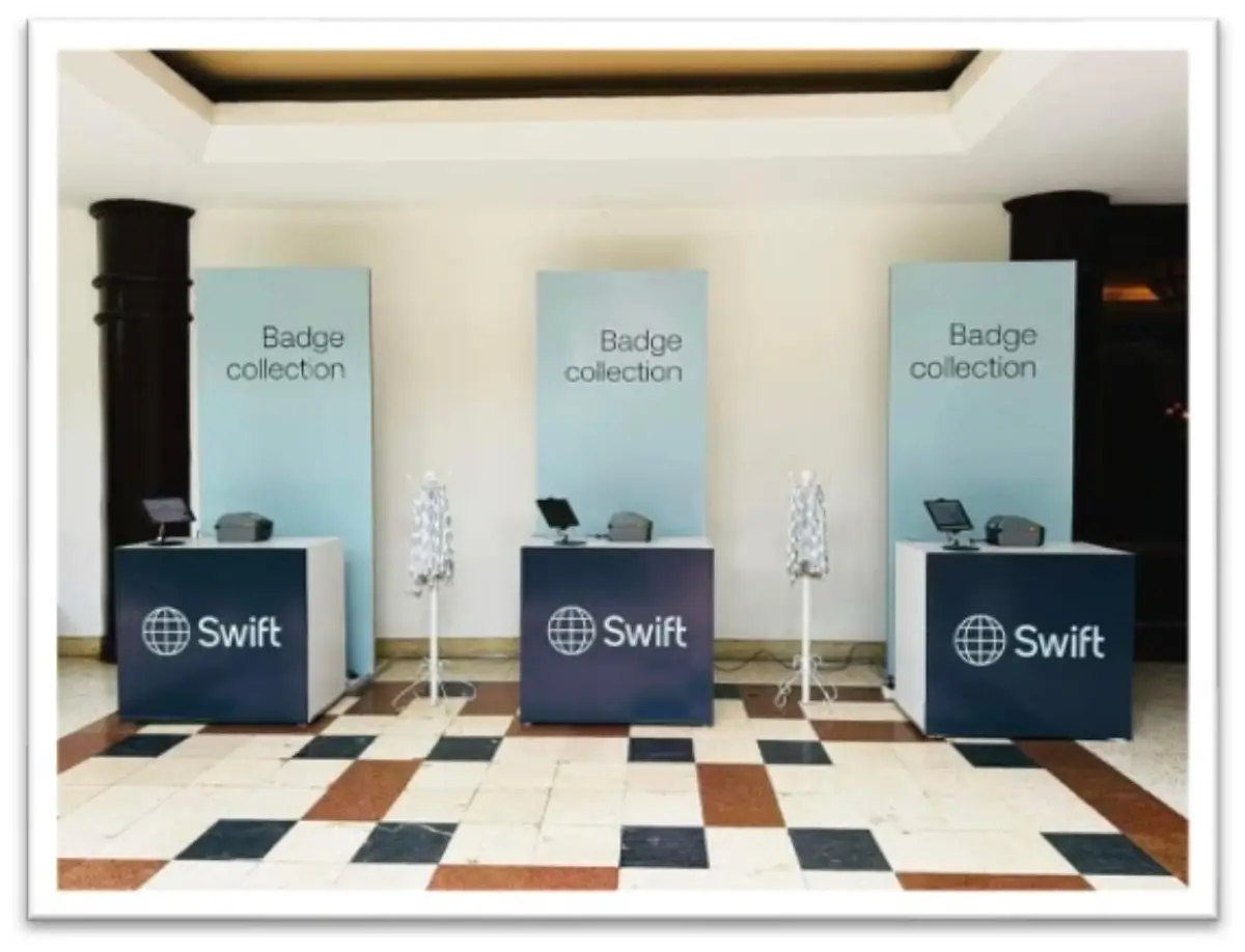 Delegate badge collection desks shown in the ESI tourism portfolio